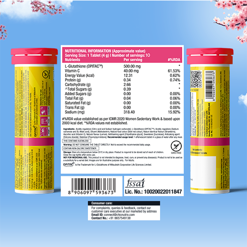 Nutritional information label for Chicnutrix Glow glutathione tablets