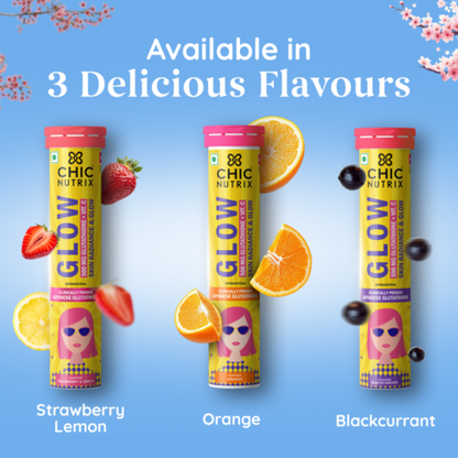 Chicnutrix Glow glutathione tablets available in strawberry lemon, blackcurrant and orange flavors